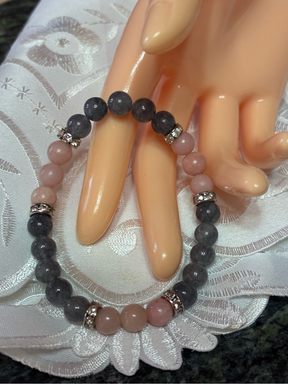 Pink Opal and Gray Agate Beaded Stretch Bracelet with Rhinestones 7.5 inches